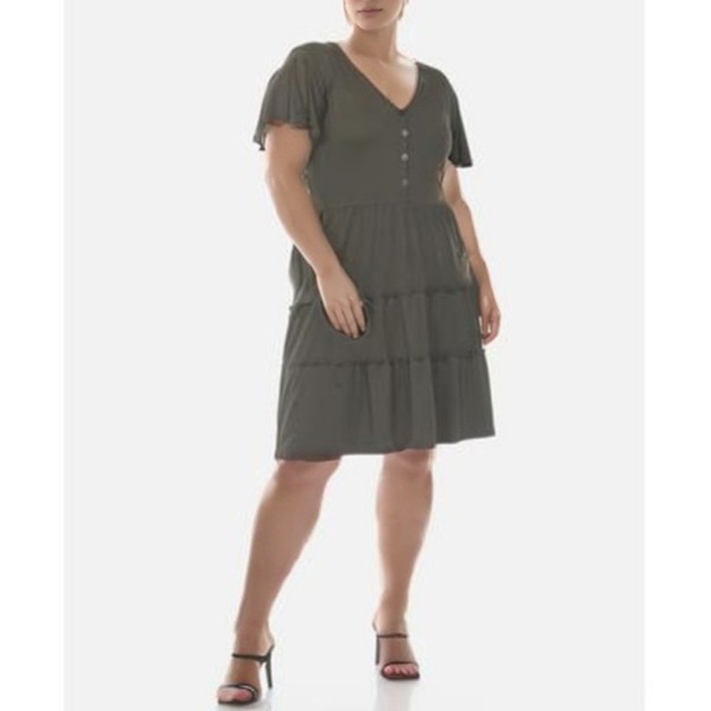 White Mark Tiered Midi Dress Women 2XL Green V-Neck Flowy Summer Effortless Boho